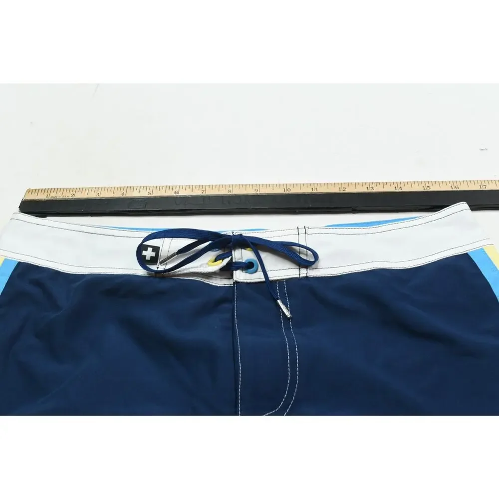 Andrew Christian Navy Blue Swim Trunks with Light Blue, White, and Yellow Trim